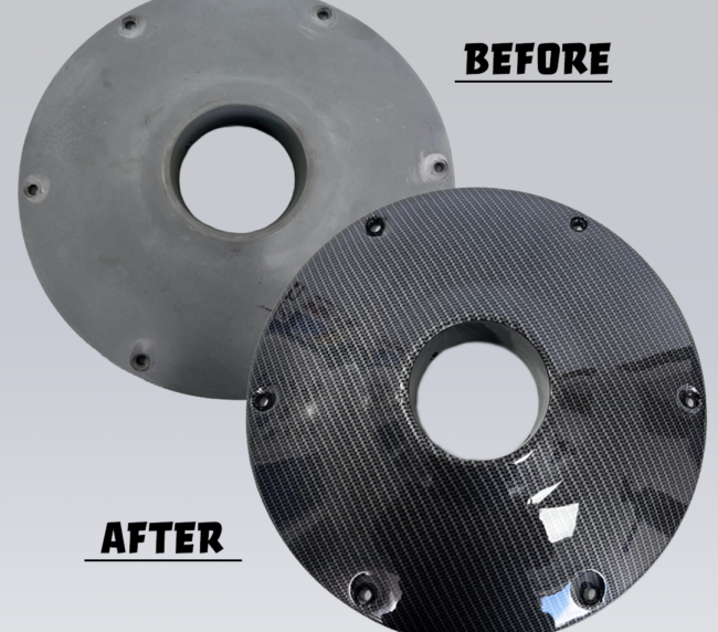 Before and after carbon fibre hydro dipping on a circular component
