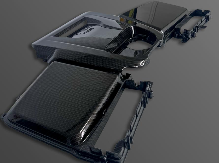 Audi R8 V10 engine bay parts with carbon fibre hydro dipping