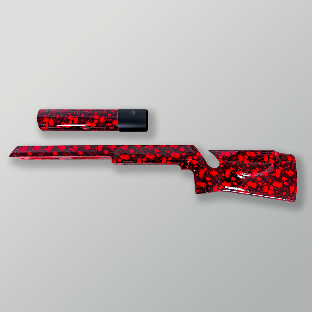 Red hydro dipped rifle stock and suppressor with custom skull pattern