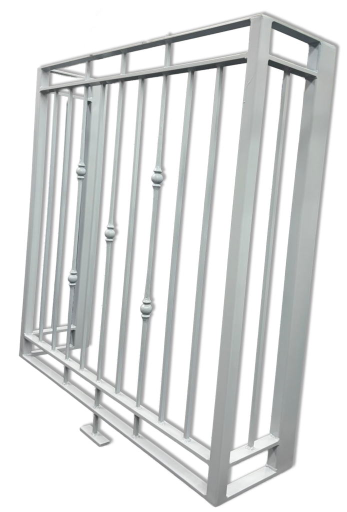 Fabricated metal railing in primer before wet spraying